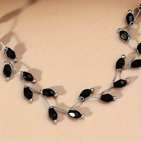 Necklace Choker Black Bead Dainty Trendy Onyx Crystal Elegant Simple Stylish - Picture 3 of 4